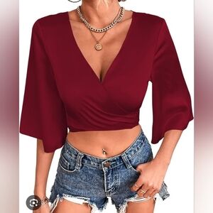 Not Available:Wrap Crop Top W/Butterfly Sleeves
